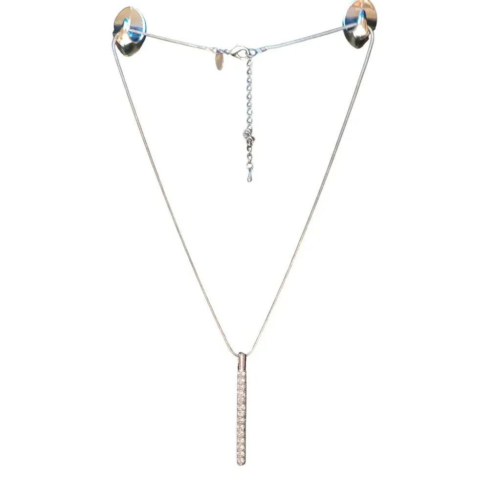 Silver Necklace with a Vertical Tube with White/Clear Rhinestones Pendant Adjust
